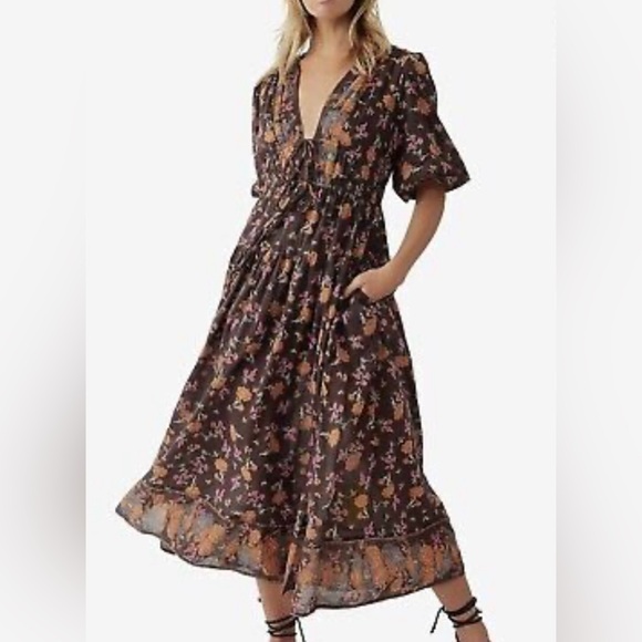 Free People Women’s Lysette Indie Maxi Dress Choco Combo Boho Peasant Size XS - Picture 2 of 16